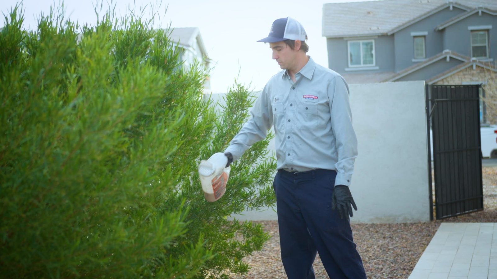 Bucksworth Home Services technician providing pre-emergent weed control service in Coolidge