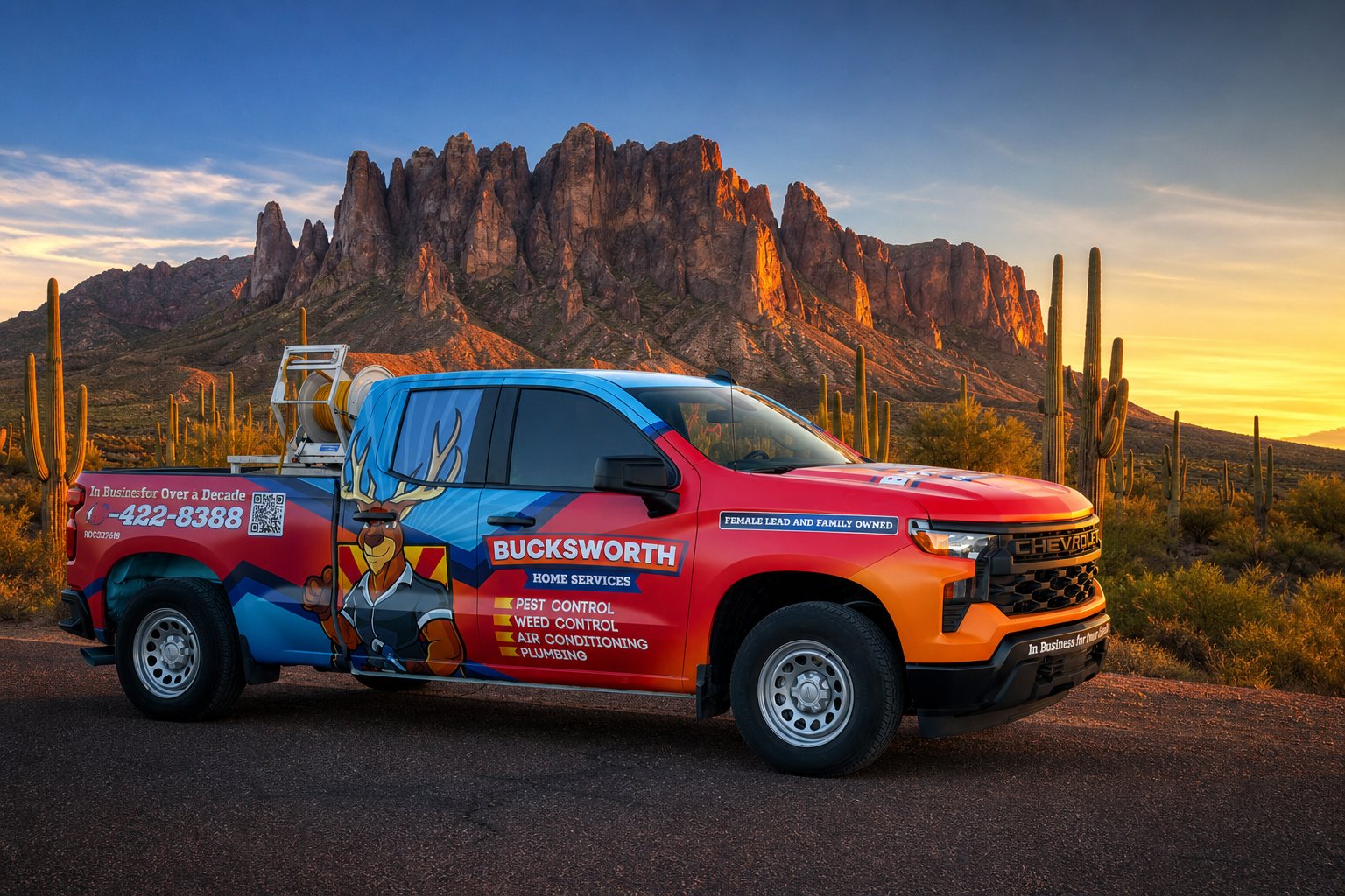 Bucksworth Home Services truck in front of the Superstition Mountains at golden hour in Arizona